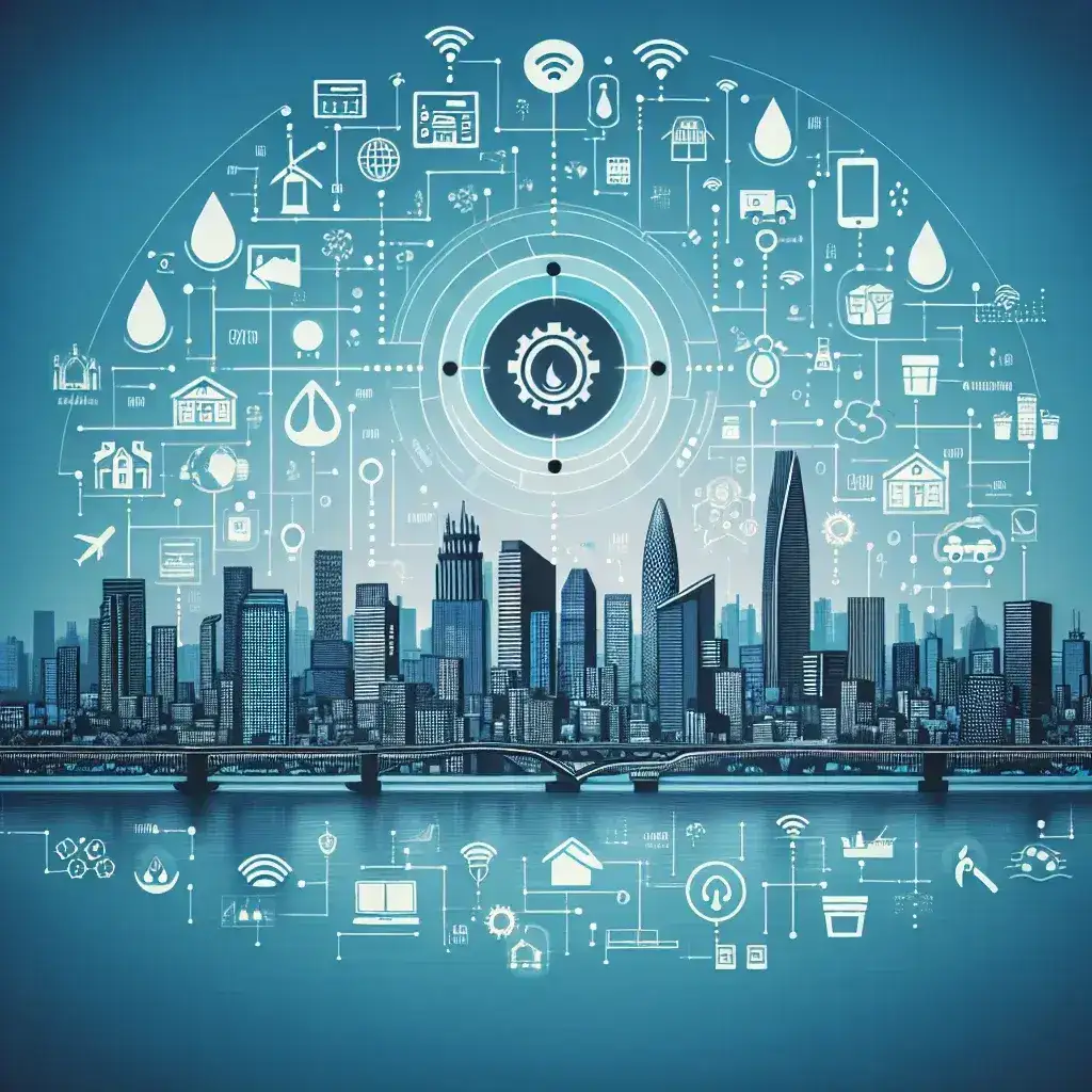 "Smart city infrastructure showing IoT sensors monitoring water levels and quality to predict and mitigate water crises, highlighting innovative solutions for resilient urban environments."