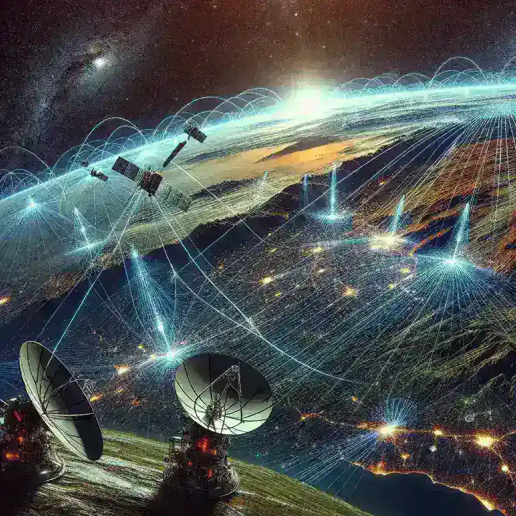 "Low Earth Orbit satellite constellation providing high-speed internet access to remote areas, illustrating the technology's impact on global connectivity in underserved regions."