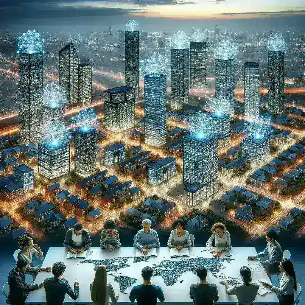 "City-wide mesh networking technology deployment, showcasing interconnected nodes and devices improving urban connectivity and communication."