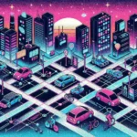 "Lyft testing AI-powered pricing models in urban U.S. markets, showcasing a vibrant cityscape with Lyft vehicles and dynamic pricing indicators on digital screens."