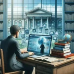 "Researcher using a laptop to access Google Scholar, showcasing integration with public library databases nationwide."