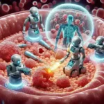 "AI-powered micro bots targeting tumor cells for chemotherapy delivery in cancer treatment."