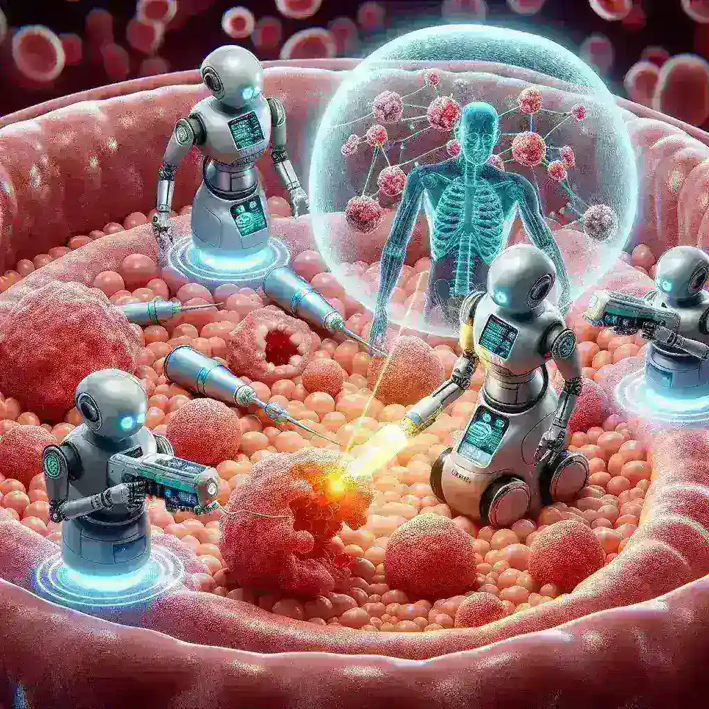 "AI-powered micro bots targeting tumor cells for chemotherapy delivery in cancer treatment."